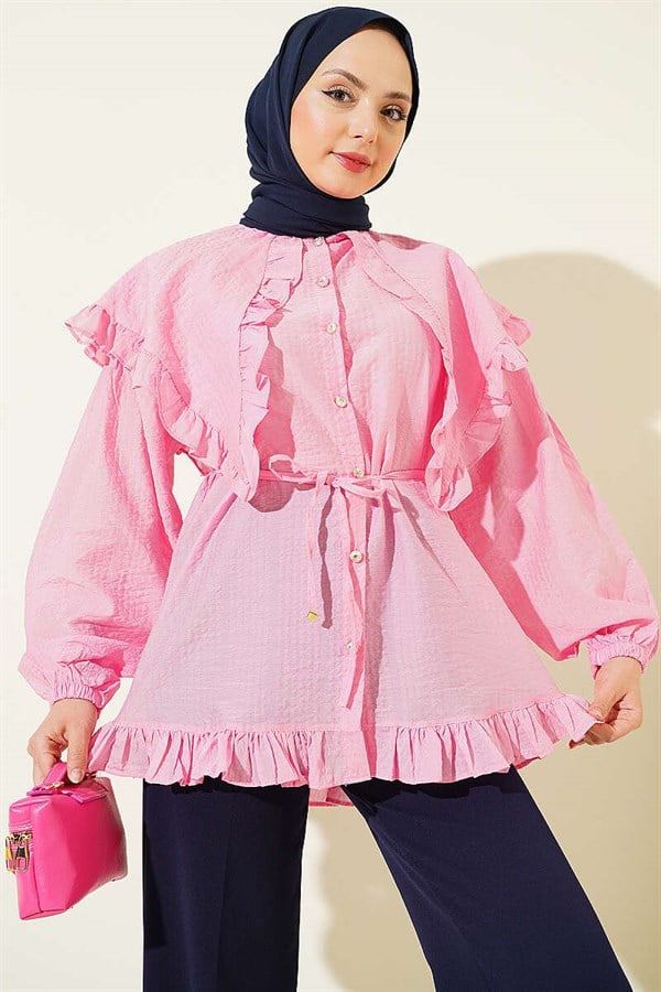 Pink Ruffled Sailor Collar Shirt with Drawstring