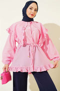 Pink Ruffled Sailor Collar Shirt with Drawstring