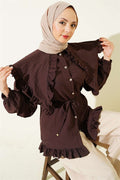 Ruffled Sailor Collar Shirt with Drawstring Belt, Coffee