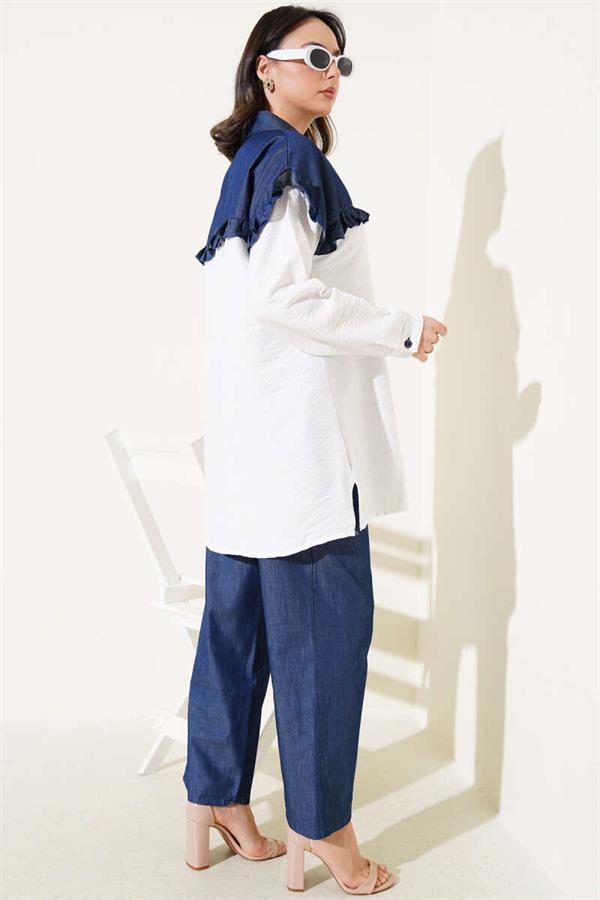 Ruffle Garnished Half Buttoned 2 Piece Set White