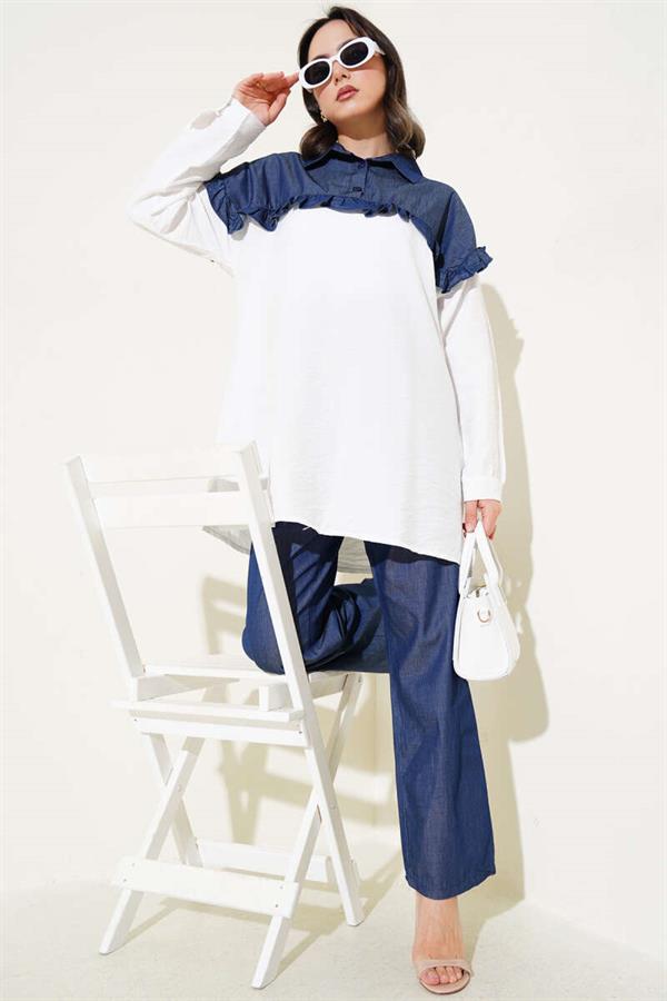 Ruffle Garnished Half Buttoned 2 Piece Set White