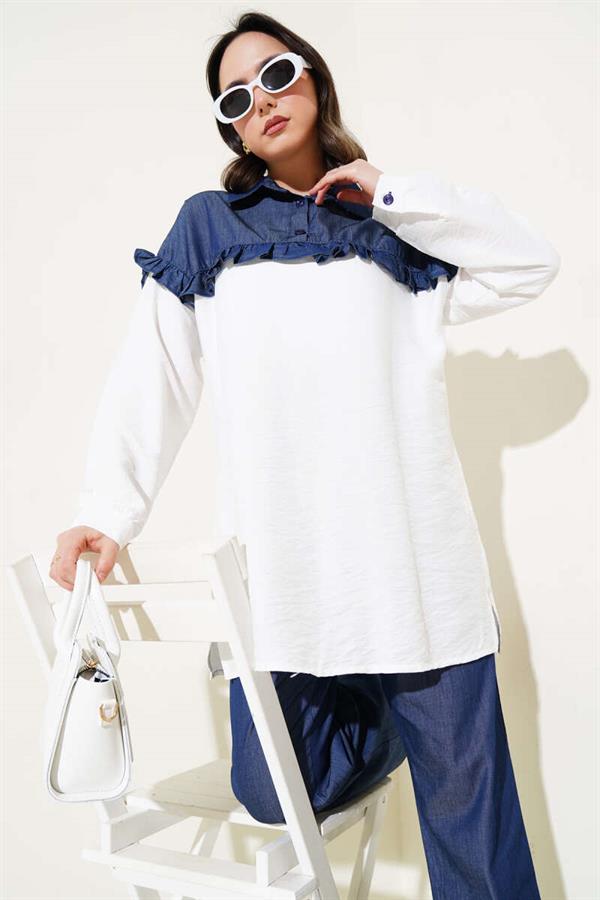 Ruffle Garnished Half Buttoned 2 Piece Set White