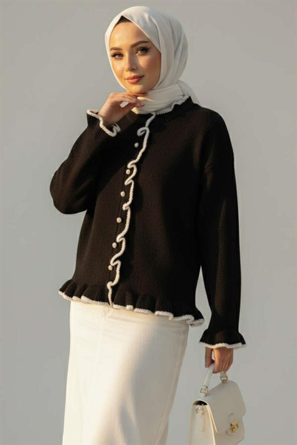 Ruffled Pearl Buttoned Knit Cardigan Black