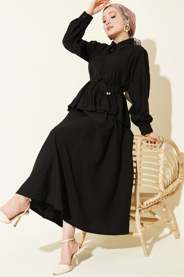 2 Piece Set with Ruffled Lace-Up Skirt, Black
