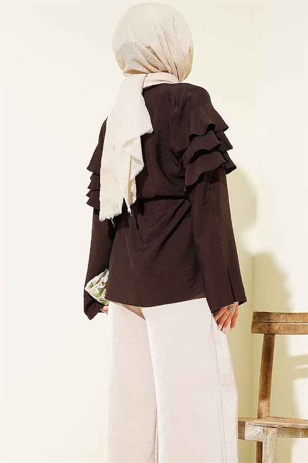 Ruffled Tunic with Drawstring, Dark Brown