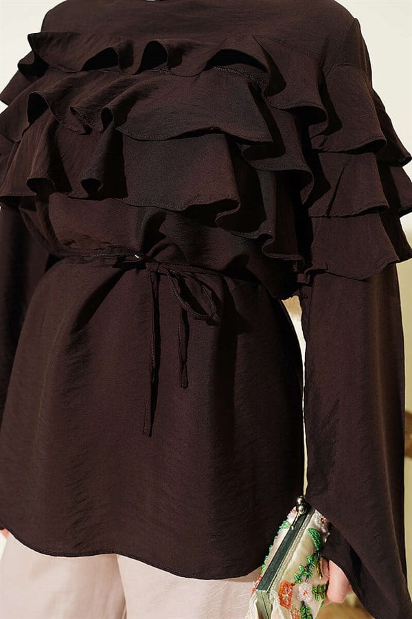 Ruffled Tunic with Drawstring, Dark Brown