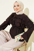Ruffled Tunic with Drawstring, Dark Brown