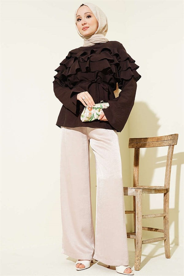 Ruffled Tunic with Drawstring, Dark Brown