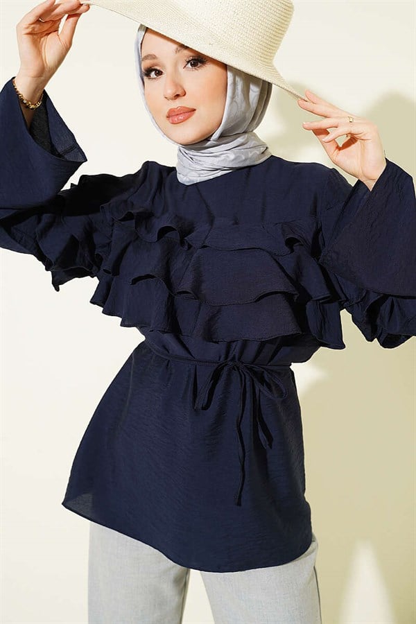 Navy Blue Tunic with Ruffled Belt