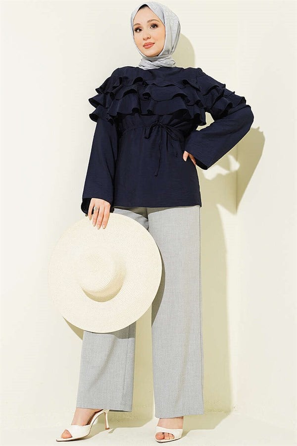 Navy Blue Tunic with Ruffled Belt