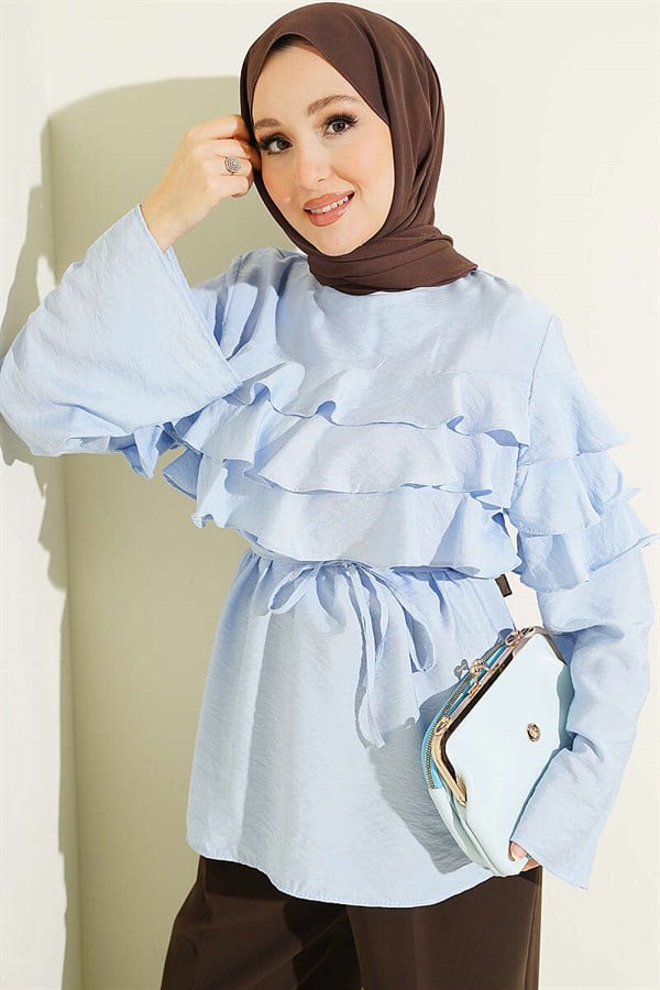 Ruffled Tunic with Drawstring, Blue