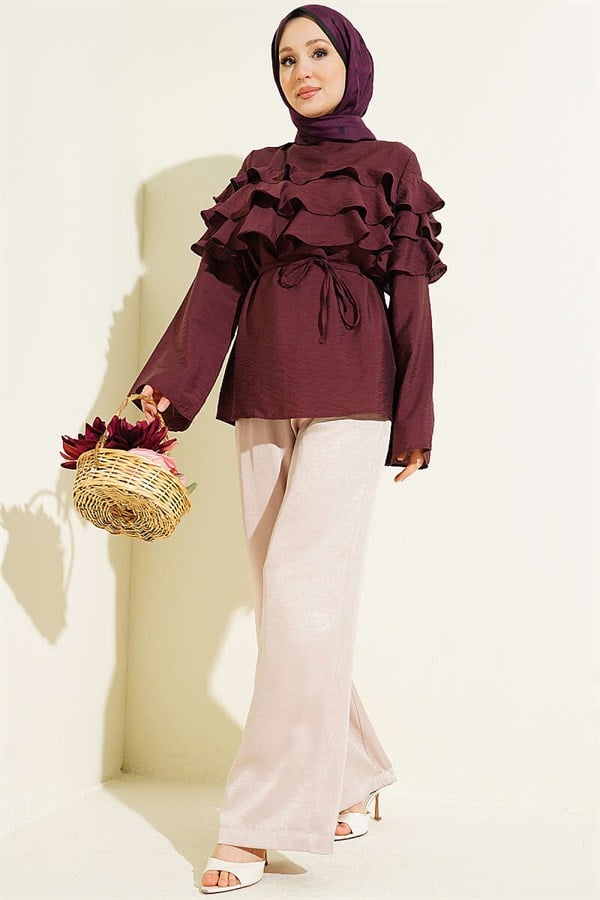 Ruffled Tunic with Drawstring Belt, Plum