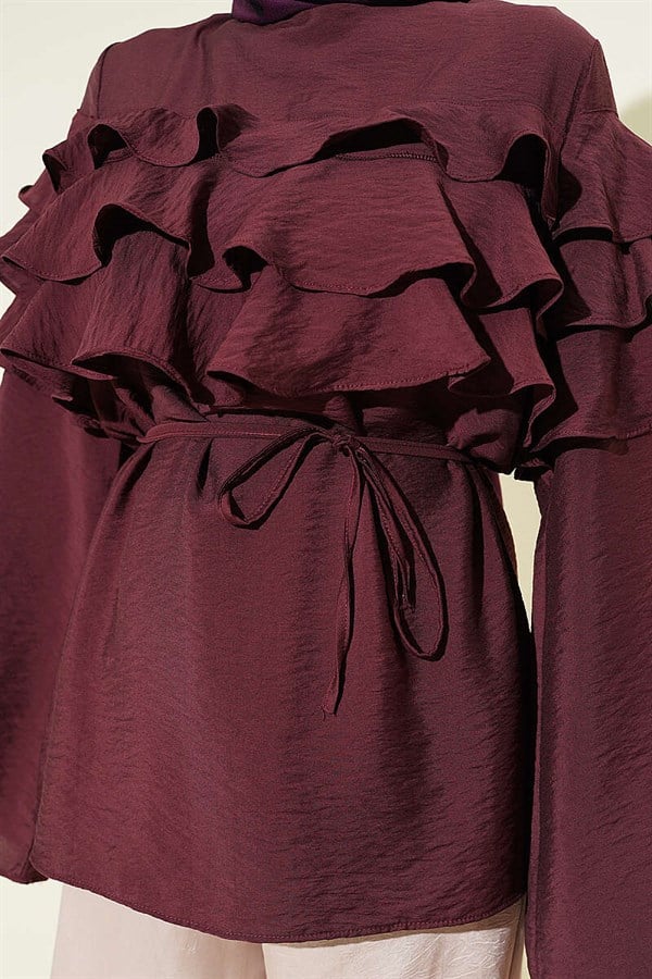 Ruffled Tunic with Drawstring Belt, Plum