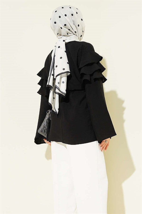 Ruffled Tunic with Drawstring, Black