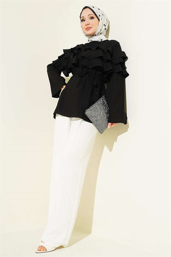 Ruffled Tunic with Drawstring, Black