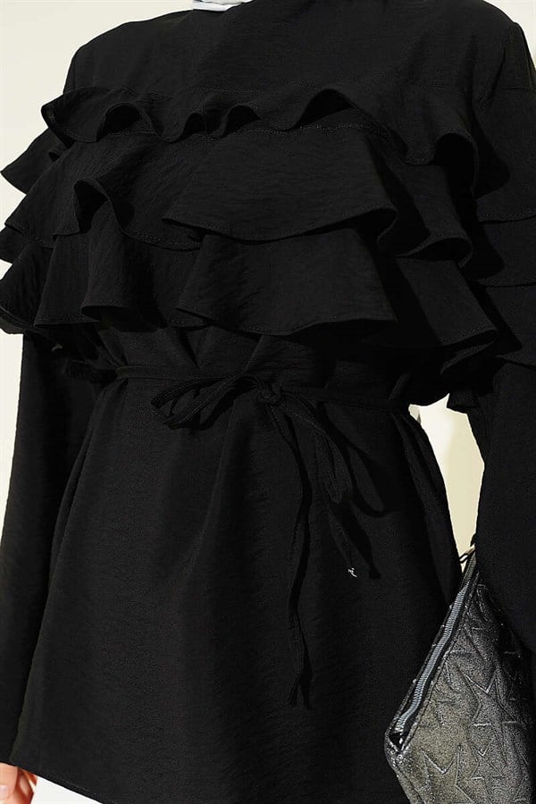 Ruffled Tunic with Drawstring, Black