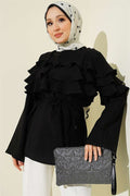 Ruffled Tunic with Drawstring, Black
