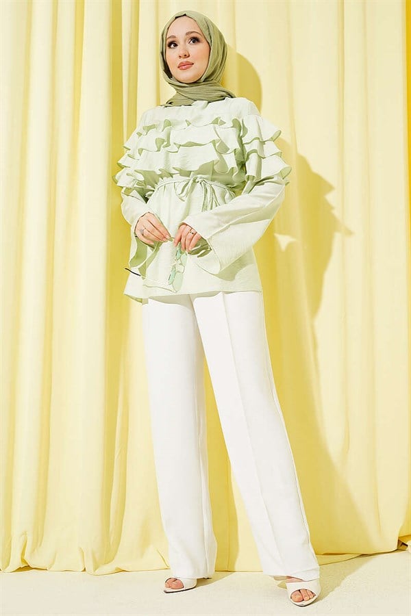 Ruffled Tunic with Drawstring Belt, Aqua Green