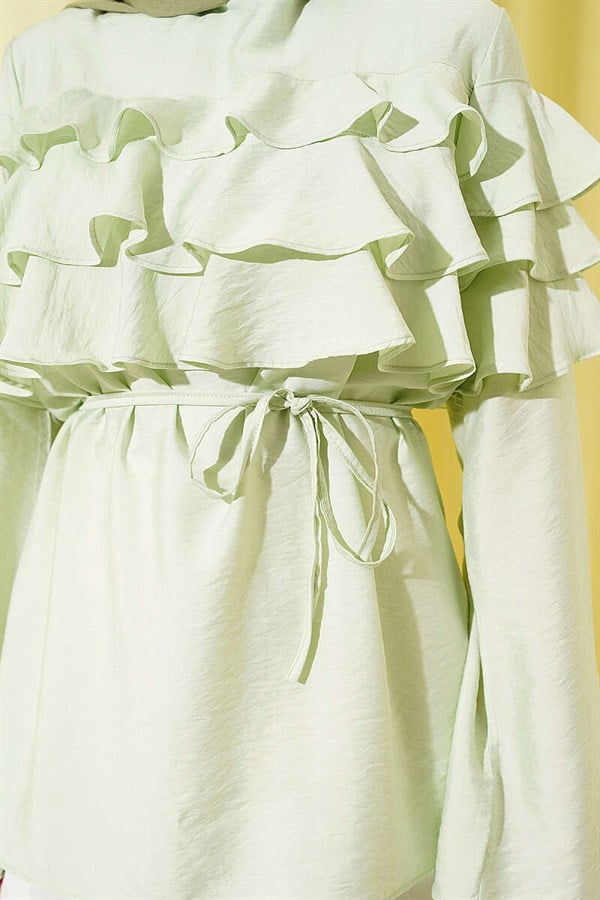 Ruffled Tunic with Drawstring Belt, Aqua Green