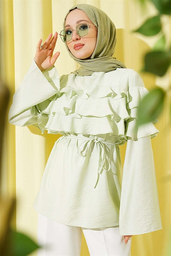 Ruffled Tunic with Drawstring Belt, Aqua Green