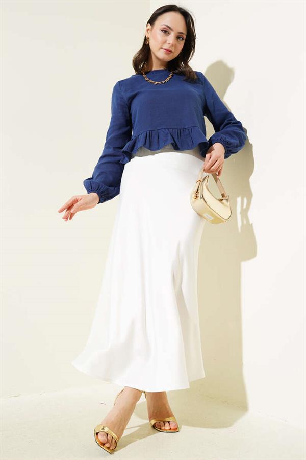 Ruffled Linen Blouse Navy Blue