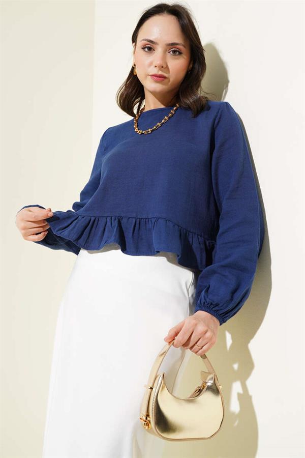 Ruffled Linen Blouse Navy Blue