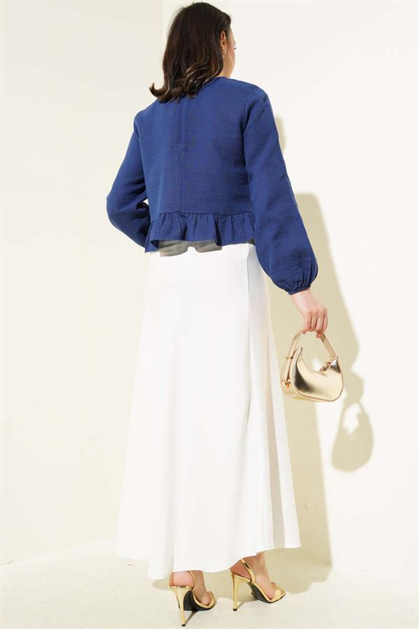 Ruffled Linen Blouse Navy Blue