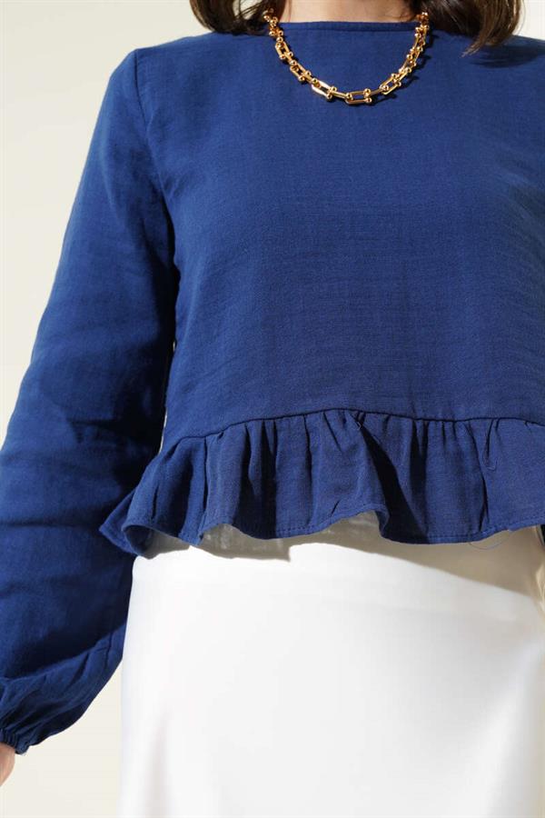Ruffled Linen Blouse Navy Blue