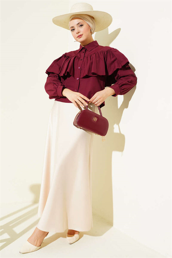 Burgundy Short Shirt with Ruffled Cape Detail