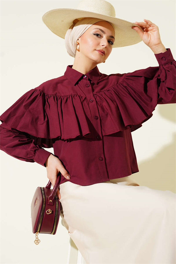 Burgundy Short Shirt with Ruffled Cape Detail