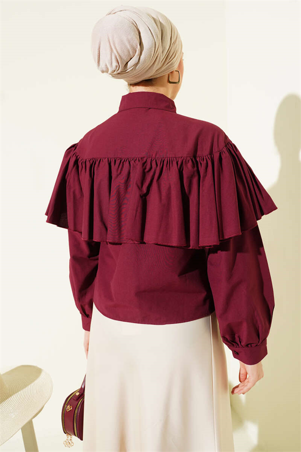 Burgundy Short Shirt with Ruffled Cape Detail