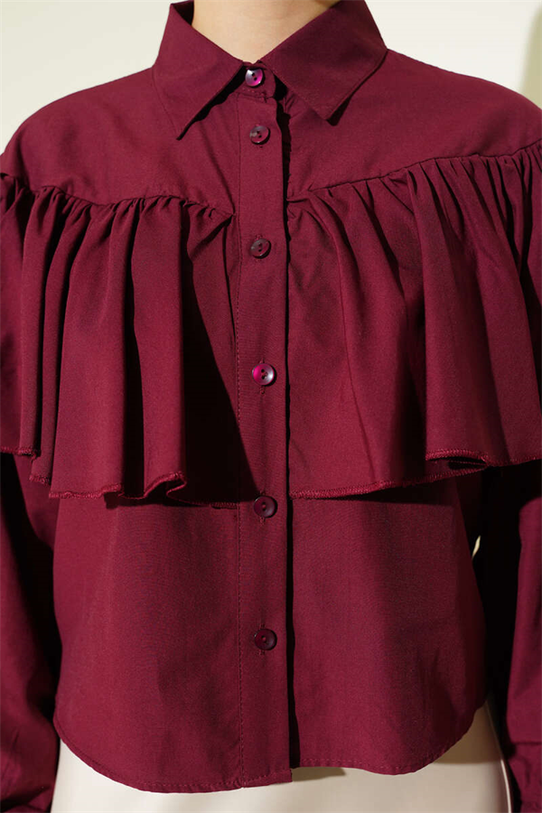 Burgundy Short Shirt with Ruffled Cape Detail