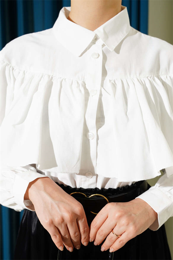Short Shirt with Ruffled Cape Detail, Ecru