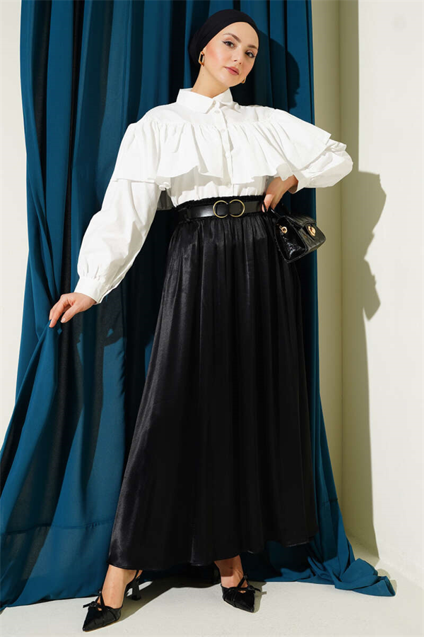 Short Shirt with Ruffled Cape Detail, Ecru
