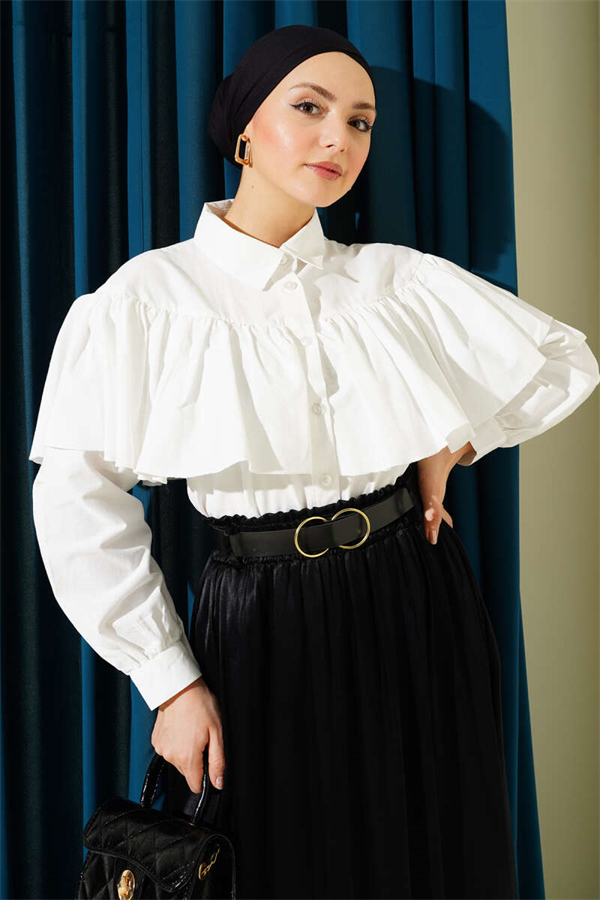 Short Shirt with Ruffled Cape Detail, Ecru