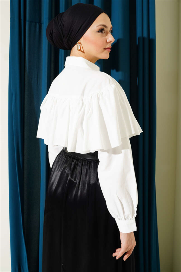 Short Shirt with Ruffled Cape Detail, Ecru