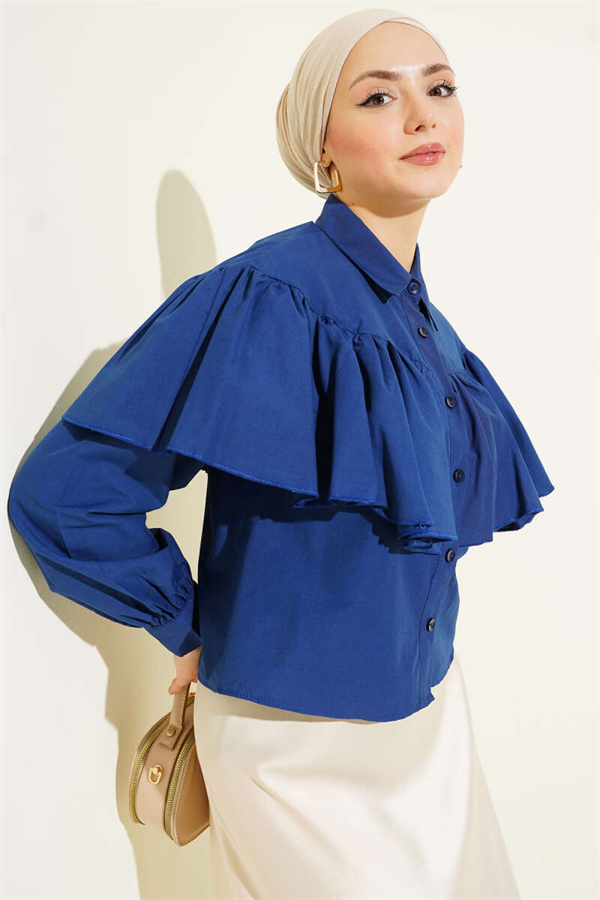 Navy Short Shirt with Ruffled Cape Detail
