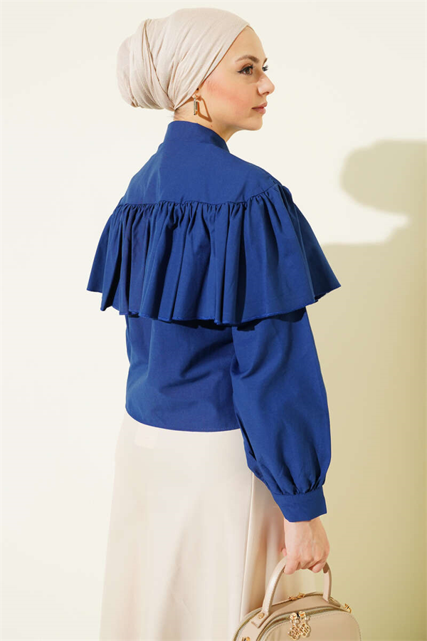 Navy Short Shirt with Ruffled Cape Detail
