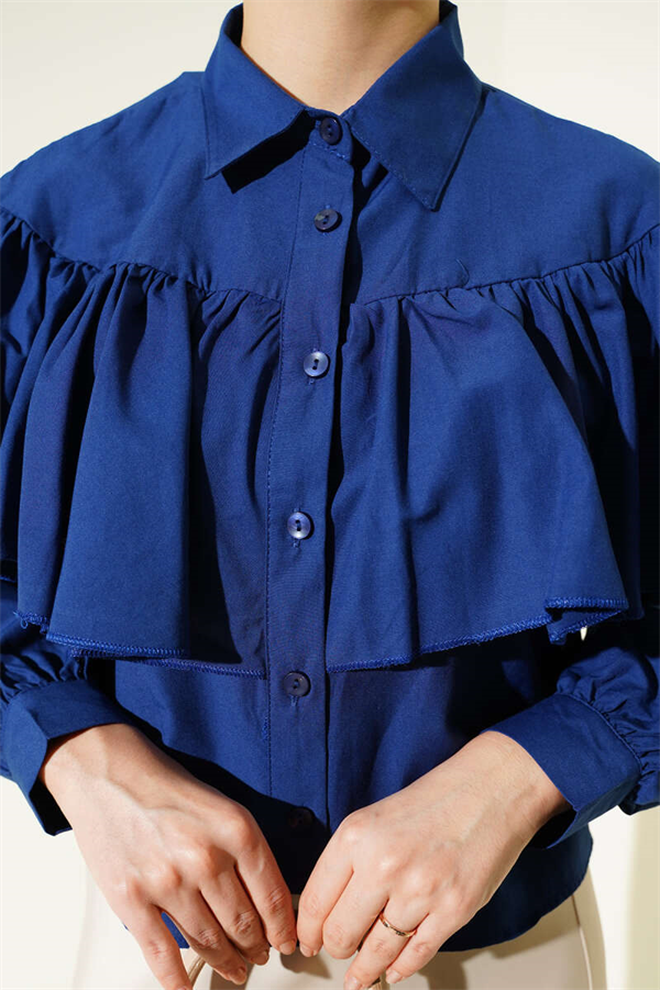 Navy Short Shirt with Ruffled Cape Detail