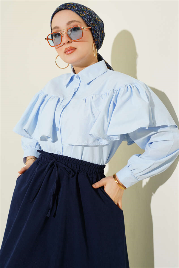 Short Shirt with Ruffled Cape Detail, Blue