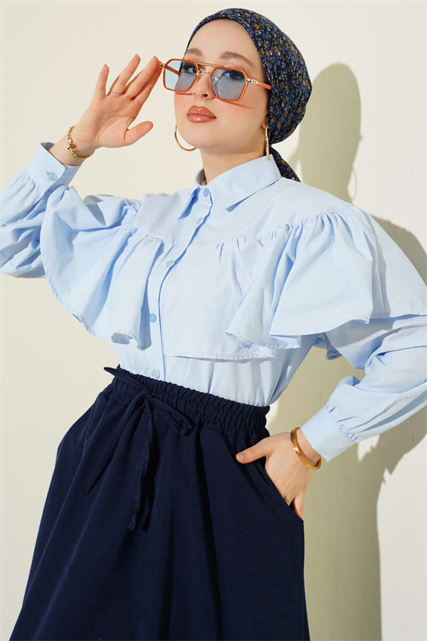 Short Shirt with Ruffled Cape Detail, Blue