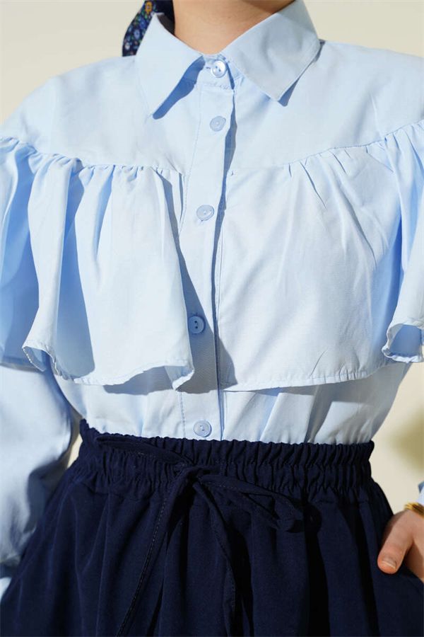 Short Shirt with Ruffled Cape Detail, Blue
