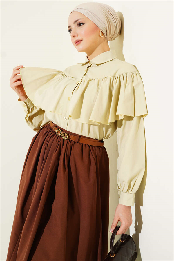 Short Shirt with Ruffled Cape Detail, Dark Green