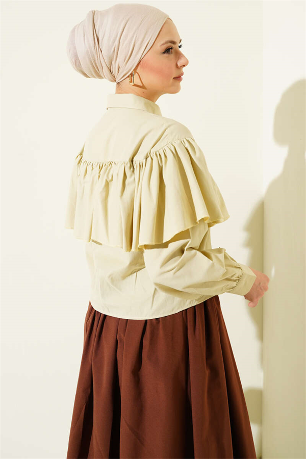 Short Shirt with Ruffled Cape Detail, Dark Green