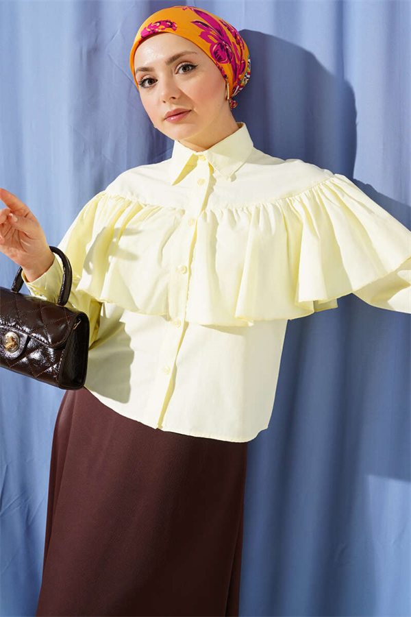 Short Shirt with Ruffled Cape Detail, Yellow