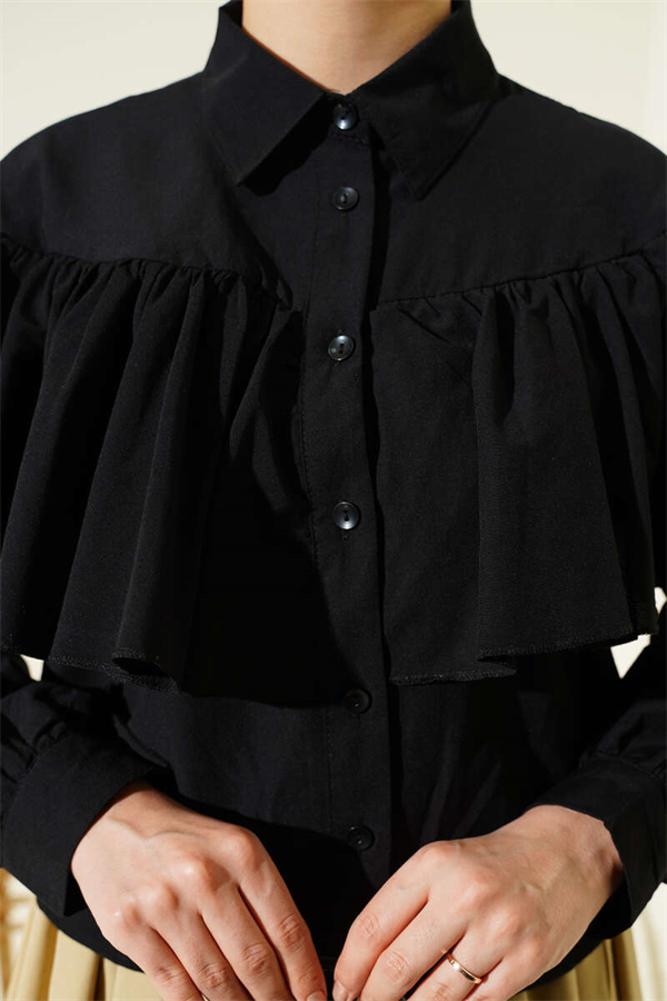 Ruffled Cape Detail Short Shirt Black