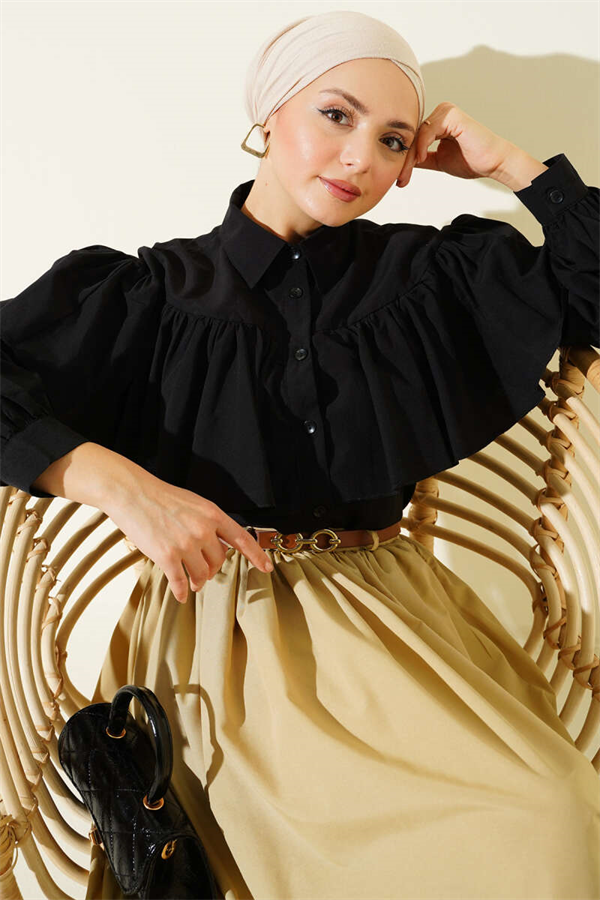 Ruffled Cape Detail Short Shirt Black