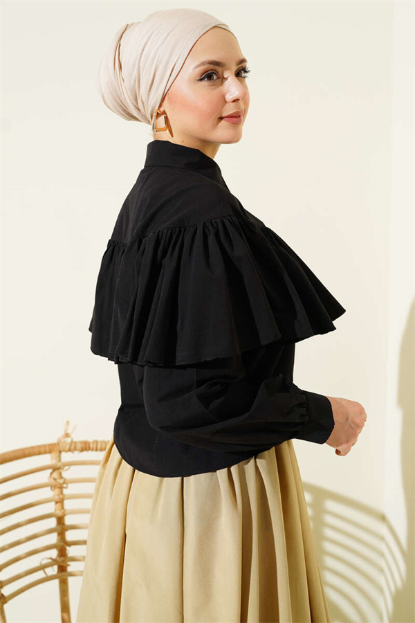 Ruffled Cape Detail Short Shirt Black