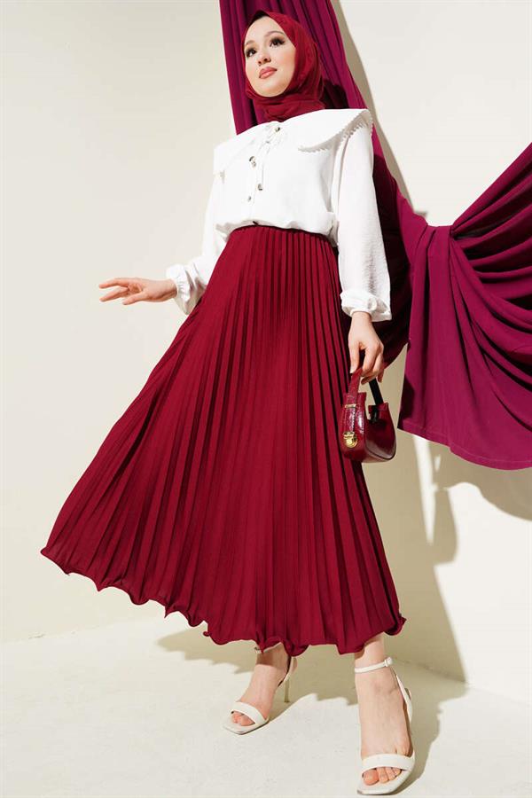 Ruffle Pleated Elastic Waist Skirt Burgundy