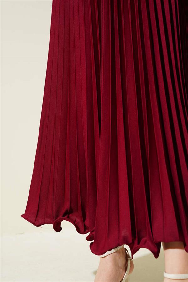 Ruffle Pleated Elastic Waist Skirt Burgundy